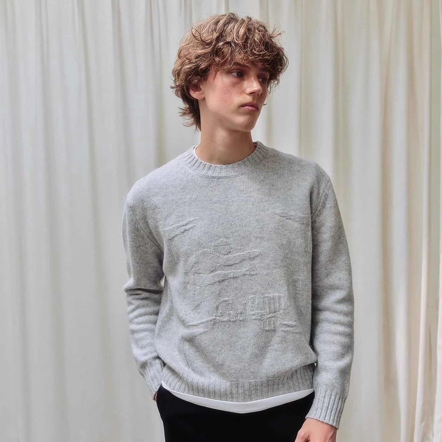 Uni Up 小众设计师 美丽奴纯羊毛圆领提花毛衣 松弛暖糯,男装,针织衫/毛衣,淘宝优惠券,粉丝福利购,淘宝优惠卷