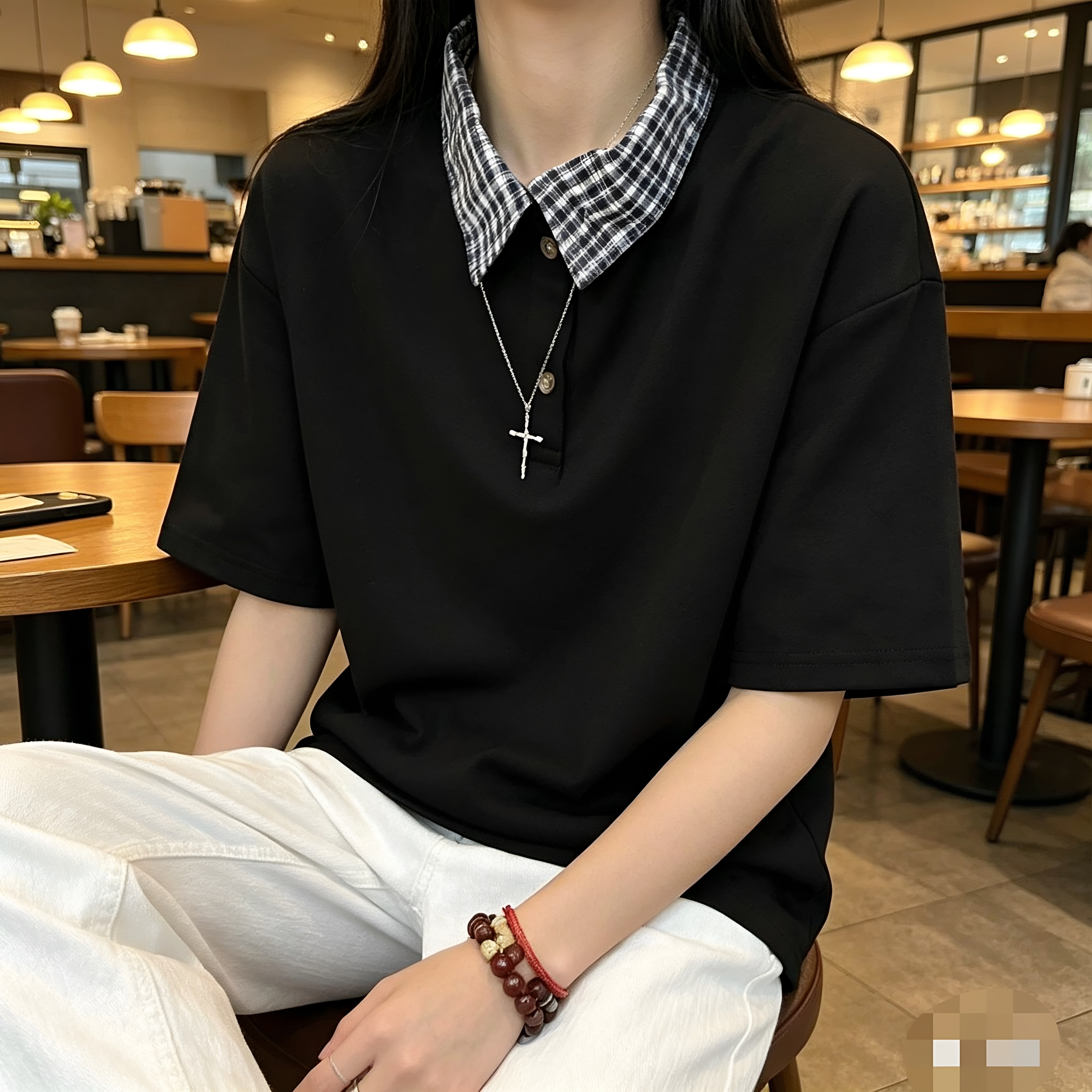 假两件格纹拼接polo衫短袖男女款夏季学院风衬衫领t恤美式qlz情侣