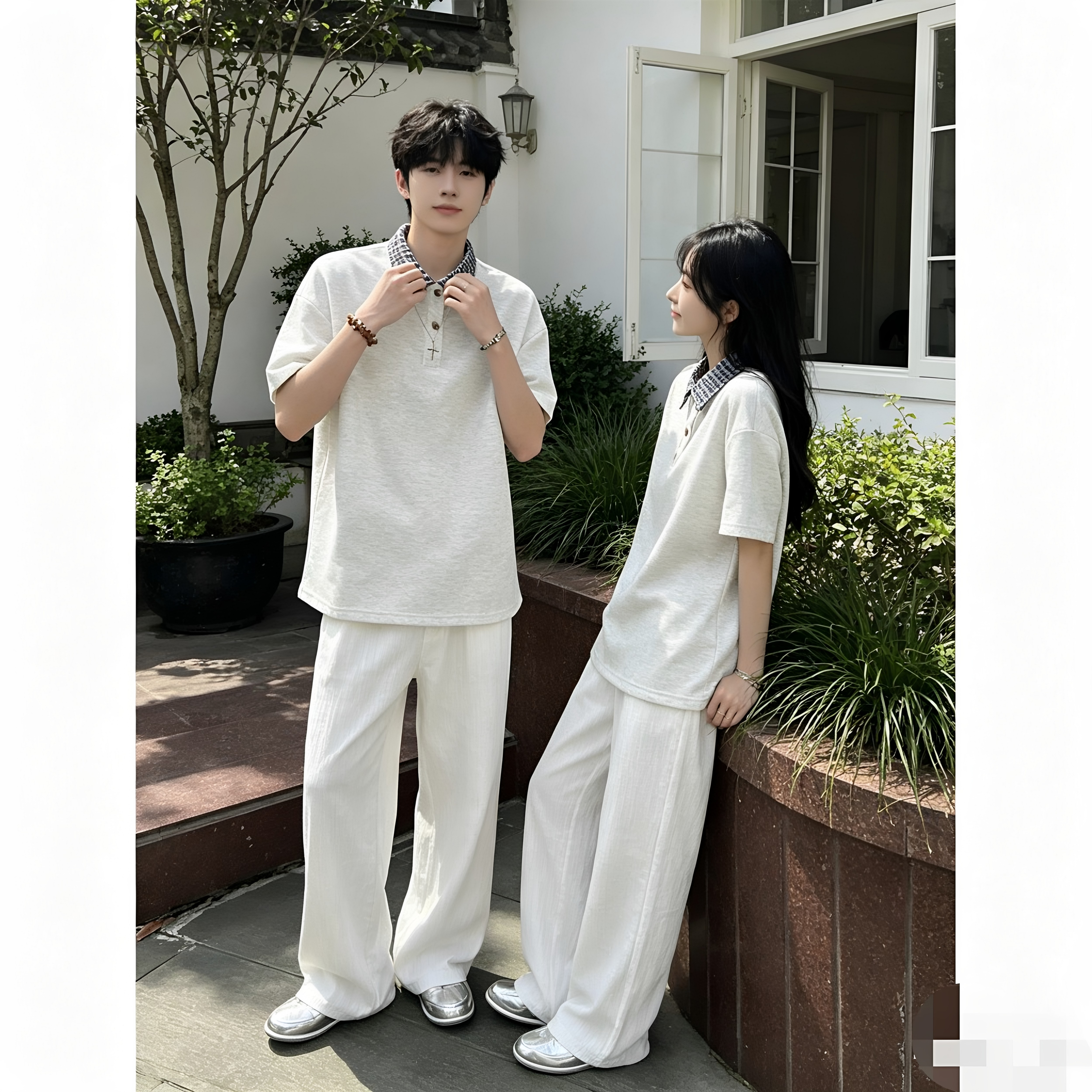 假两件格纹拼接polo衫短袖男女款夏季学院风衬衫领t恤美式qlz情侣