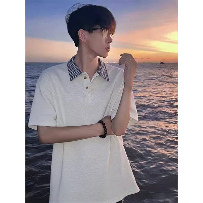 假两件格纹拼接polo衫短袖男女款夏季学院风衬衫领t恤美式qlz情侣