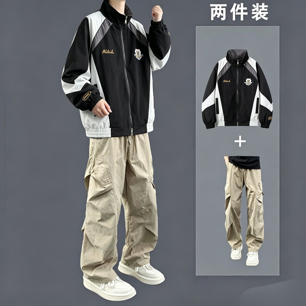 秋季薄款休闲宽松男套装帅气穿搭两件套潮流酷帅学生风衣夹克外套