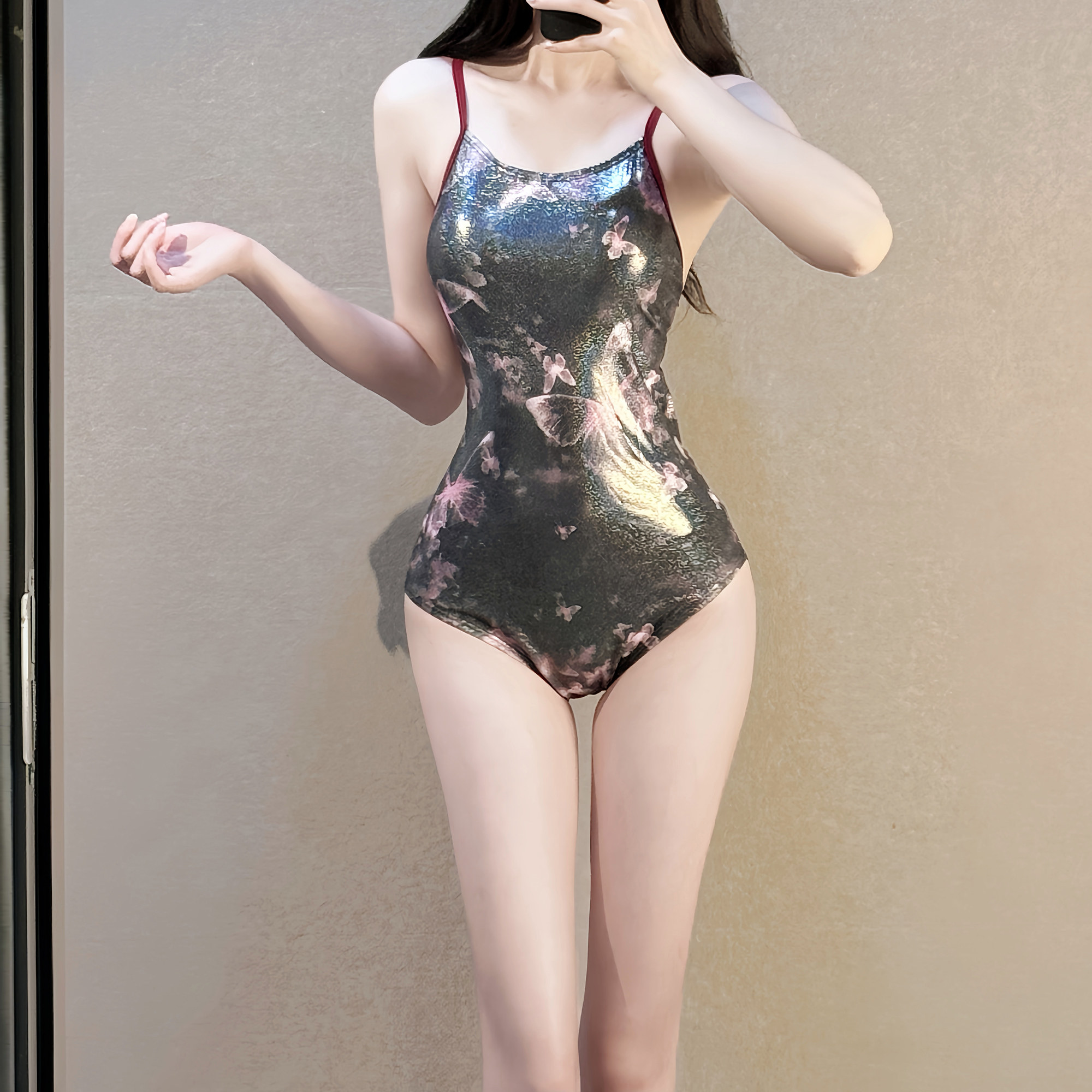 烫金暗夜粉蝶印花竞速连体游泳衣女夏小胸运动露背显瘦度假高级感