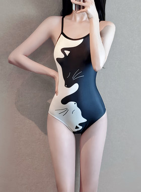 黑白猫复古竞速专业运动连体游泳衣女小胸露背显瘦三角游泳馆专用