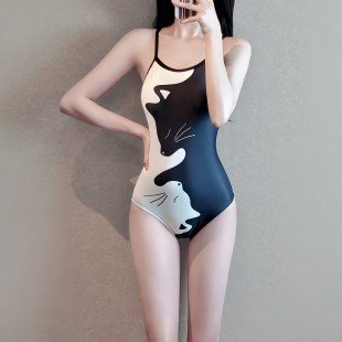 黑白猫复古竞速专业运动连体游泳衣女小胸露背显瘦三角游泳馆专用