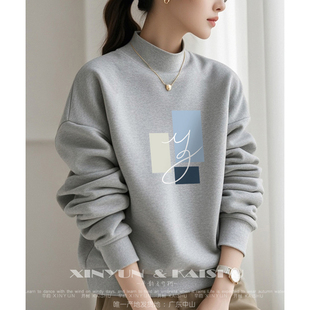 薄款 秋冬季 圆领宽松时尚 2025新款 加绒套头无帽上衣 半高领卫衣女装