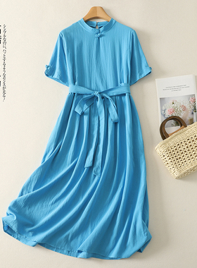 买手店撤柜捡漏清纯蓝色气质显白立领编织盘扣短袖中式收腰连衣裙