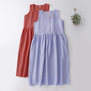 出口外贸法国原单青春活力无袖背心裙半开扣方口领收褶格纹连衣裙
