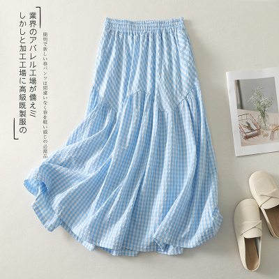 活力蓝格子半身裙压褶拼布女伞裙