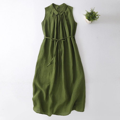 绿色捏褶娃娃领后背折角扣背心裙