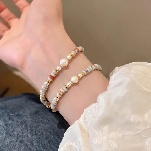 手链复古彩色轻奢小众甜美寿山石磁铁扣淡水双层叠戴串珠珍珠