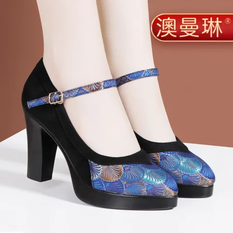 单鞋新款高跟鞋走秀中跟澳旗袍民族风女真皮刺绣曼琳训练模特