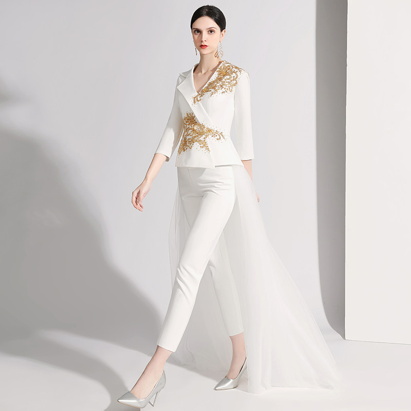 气质裤装时尚走秀晚会主持人年会礼服女宴会名媛高端晚礼服新款白
