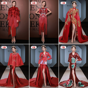 国潮中国风模特走秀旗袍长款 演出服高端大气主持人礼服女高级感红