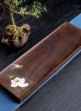 手绘茶盘小干泡台整块黑檀实木原木彩绘茶具家用复古风茶道茶托盘