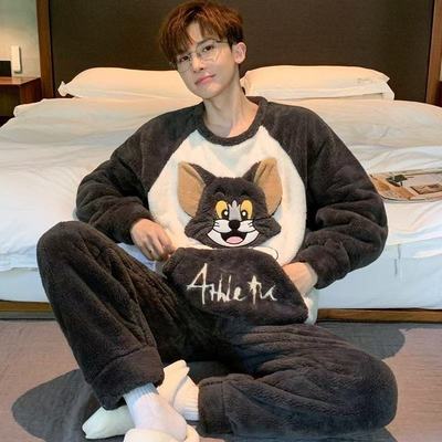 睡衣男加绒加厚珊瑚绒套装