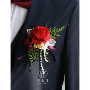 高级感红玫瑰花森系结婚胸花新郎伴娘姐妹团表演手腕花 原创