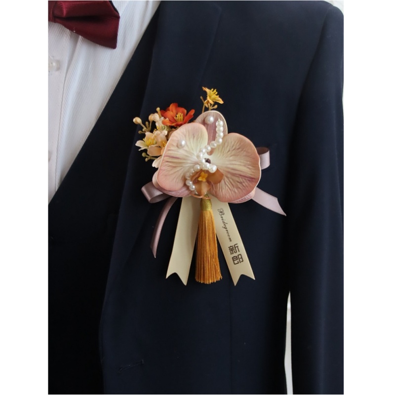 新原创 唯美珍珠橙黄蝴蝴兰森系活动结婚胸花新郎伴娘姐妹团手花