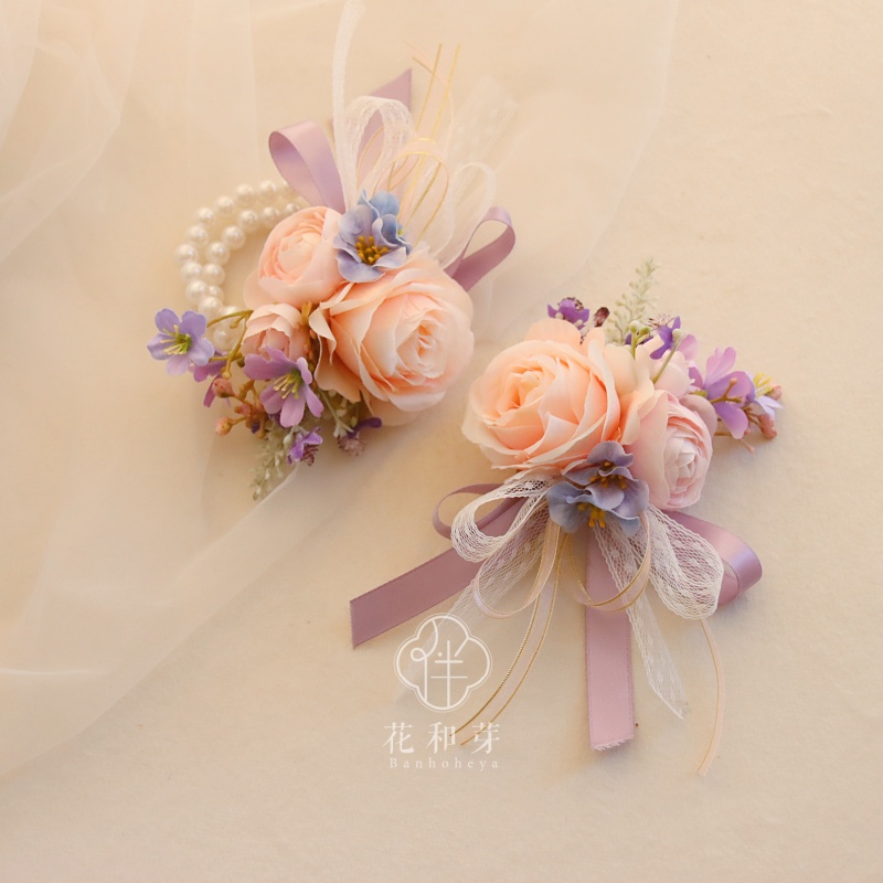 原创 ins唯美粉紫玫瑰花森系活动结婚胸花新郎伴娘姐妹团表演手花