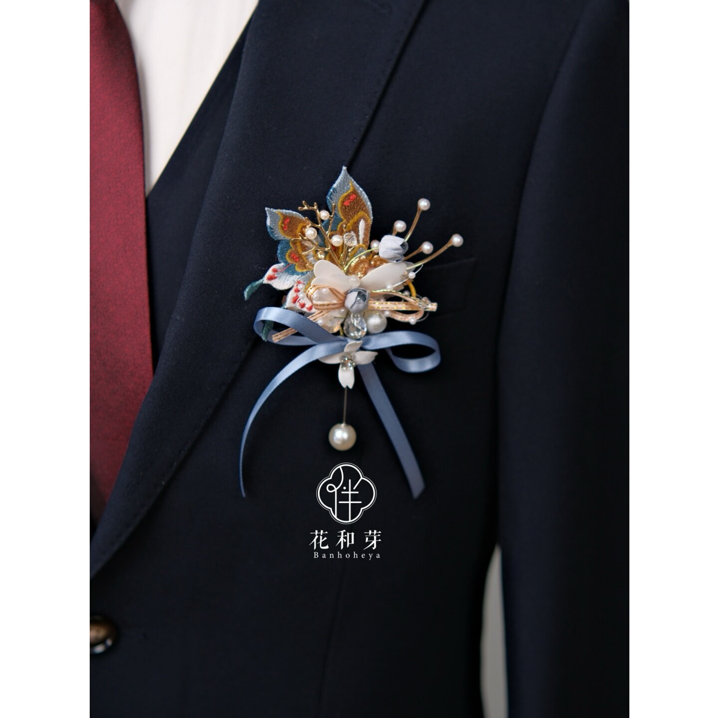 原创高级蓝刺绣蝴蝶结婚胸花新郎新伴娘姐妹团表演活动商务襟手花图片
