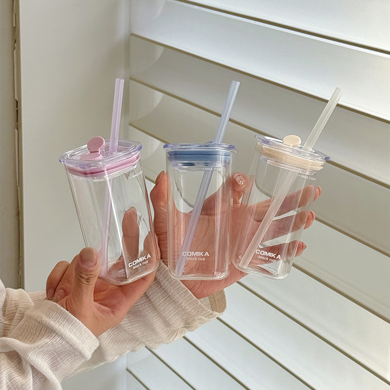 comika方块杯高硼硅玻璃吸管杯小容量便携果汁饮料杯耐高温水杯女