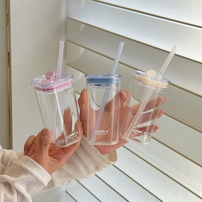 comika方块杯高硼硅玻璃吸管杯小容量便携果汁饮料杯耐高温水杯女