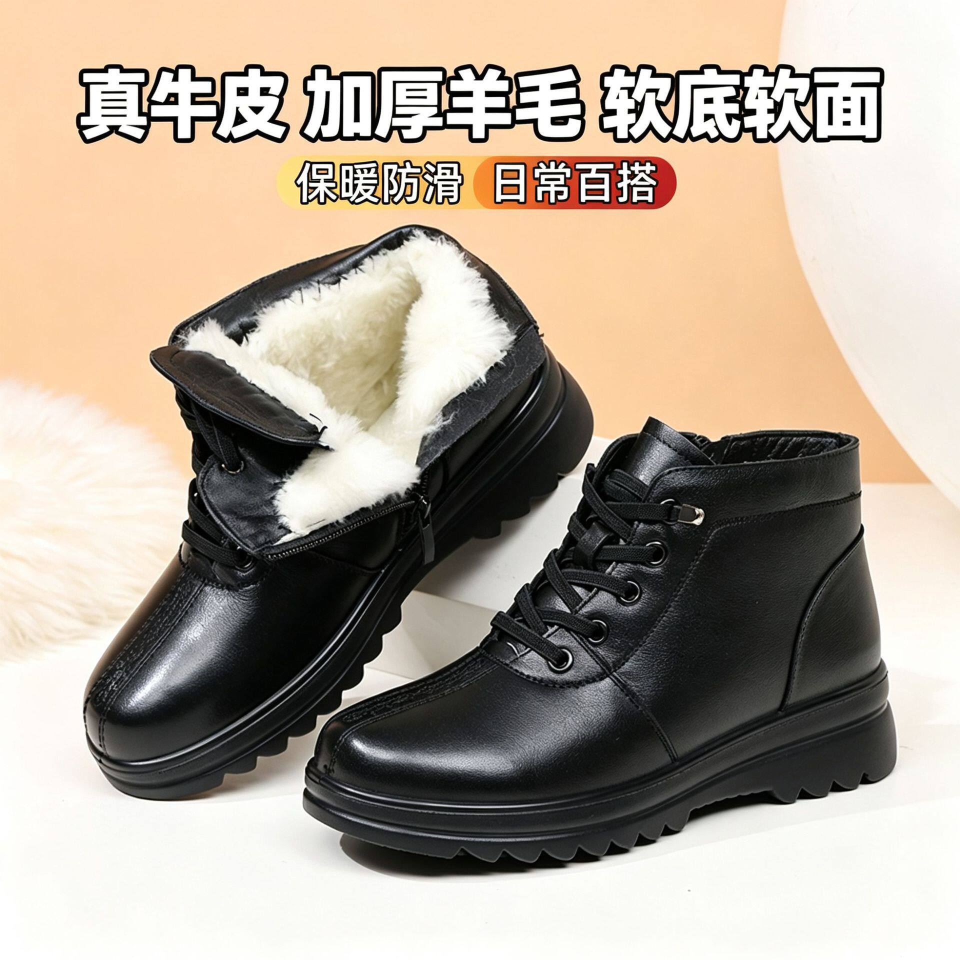 真皮妈妈棉鞋女款冬季加绒保暖靴子短靴软底羊毛皮鞋中老年雪地靴