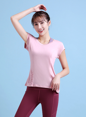 瑜伽短袖长款t恤女宽松瑜伽服轻薄上衣运动跑步短袖罩衫