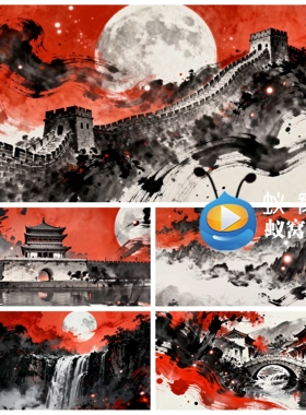 S7218 红色黑大气水墨 中国风山水意境 晚会节目演出背景视频素材