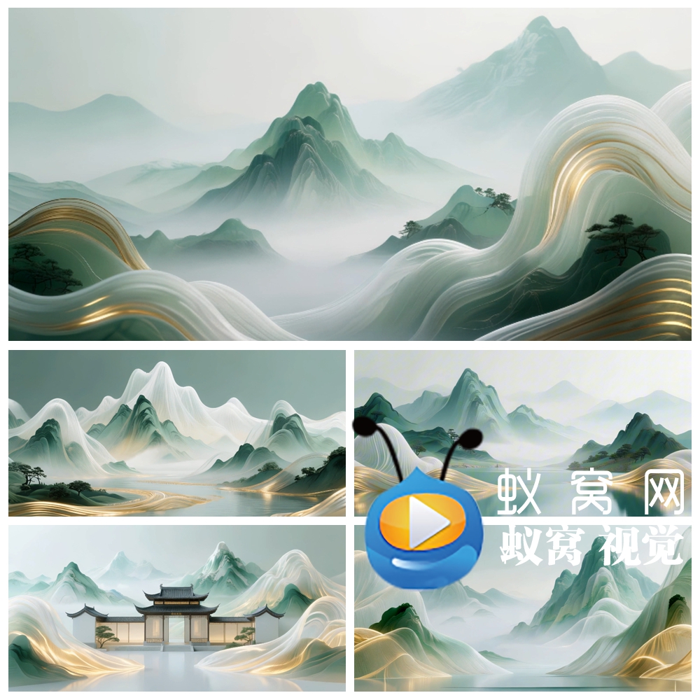 S6599新中式 透明材质玉石绿水青山极简大气LED大屏背景视频素材