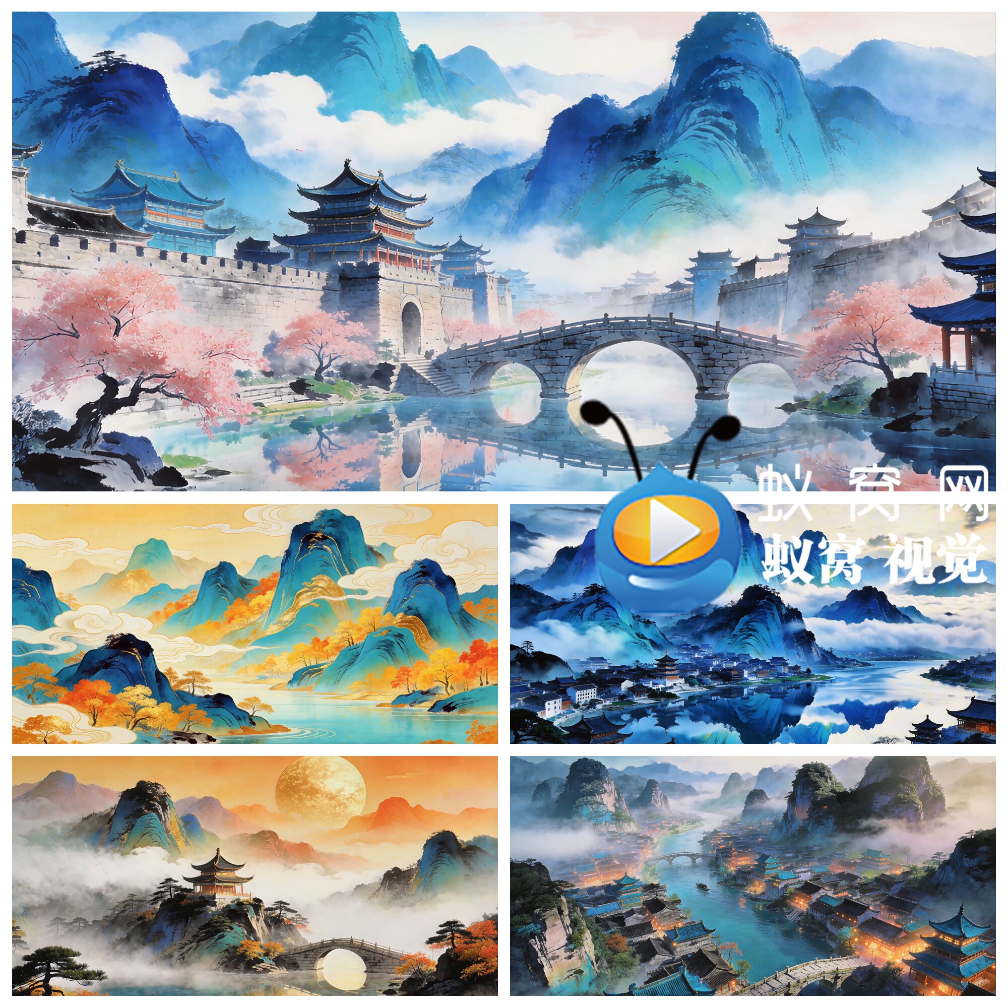 S7593中国风水墨山水 古筝 古琴演奏  中式汉服走秀背景视频素材