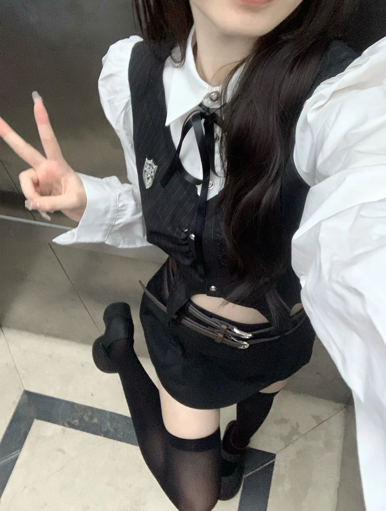 秋季美式辣妹学院风设计感长袖拼接衬衫复古高腰半身短裙裤套装女
