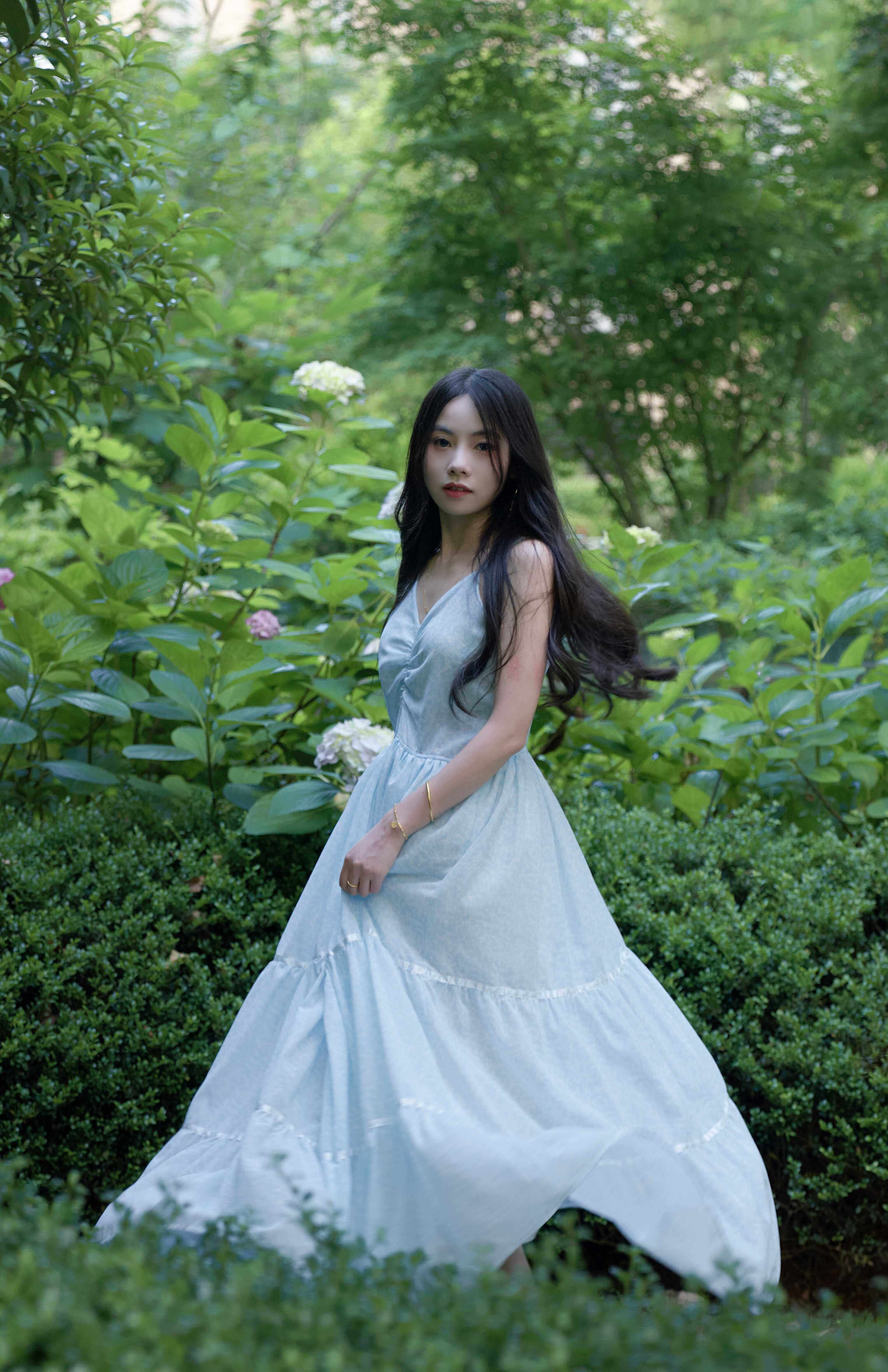 定制浅蓝色 悸动法式V领吊带连衣裙 女夏 可做亲子装 3d立体裁缝