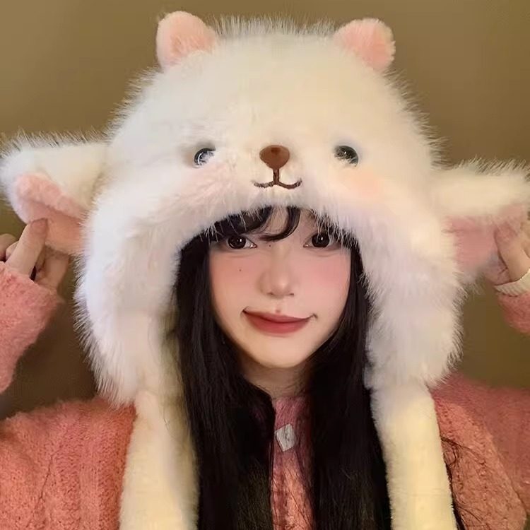 冬季新款甜美可爱小绵羊毛绒帽女帽子捏耳朵会动加厚防寒保暖帽子
