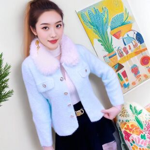 短外套 休闲百搭针织带毛领女款 2026新款 春秋仿水貂绒外套保暖时尚