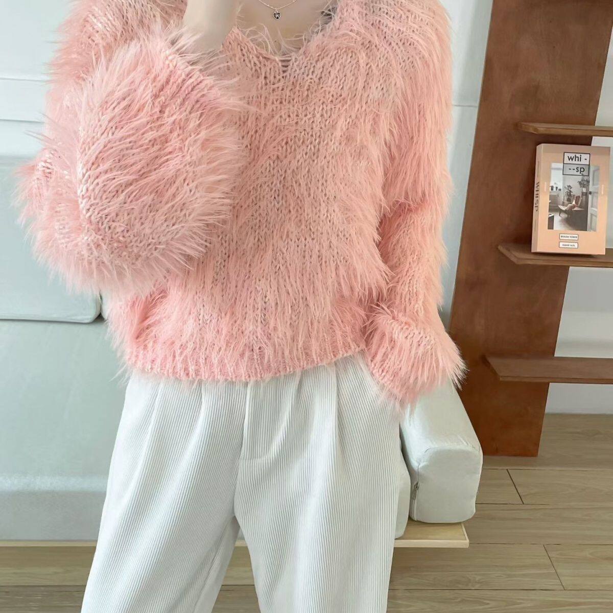 法式甜美糖果色毛衣秋冬新款仿水貂绒V领套头宽松百搭短款针织衫