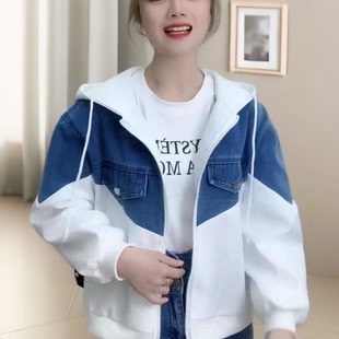 2025秋冬季短款常规连帽宽松长袖拼接款牛仔外套洋气上衣女短外套