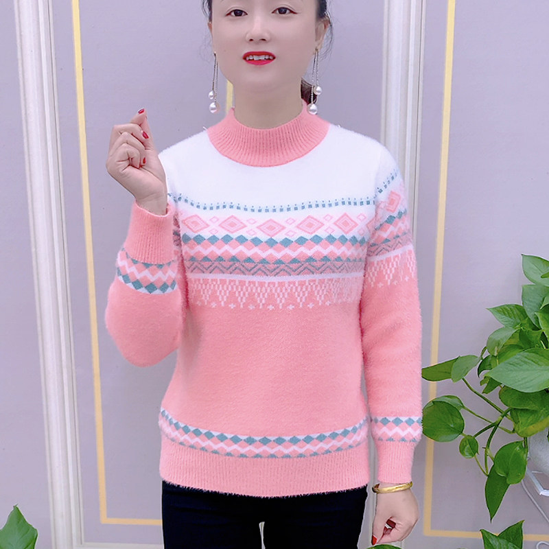 女士半高领加厚毛衣秋冬季打底衫2025新款仿水貂绒外穿宽松针织衫