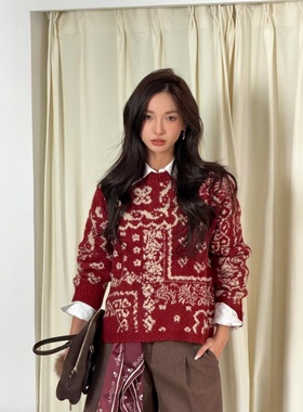 【奢定SHX】新年着装~2026早春新复古撞色提花圆领上衣女针织衫