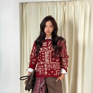 2026早春新复古撞色提花圆领上衣女针织衫 新年着装 奢定SHX