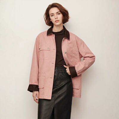 现货2026年春新休闲翻领橡皮粉色拼接皮领工装大廓形夹克外套女装
