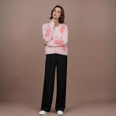 2026新款粉色提花V领针织开衫