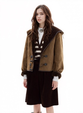 【奢定SHX】2025冬季新款时尚保暖美拉德短款复古连帽加绒外套女