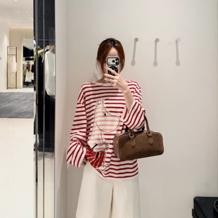 卡通印花长袖 新款 2026夏季 宽松棉麻桑蚕丝条纹针织衫 奢定SHX