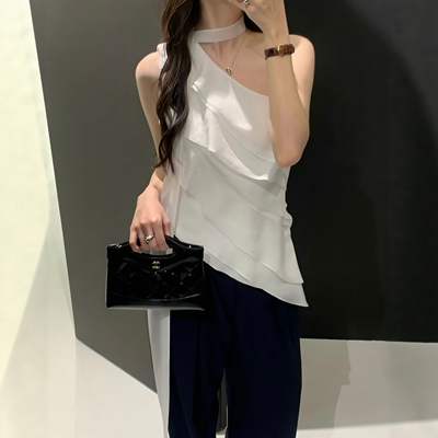 奢定SHX法式薄纱露肩飘带背心