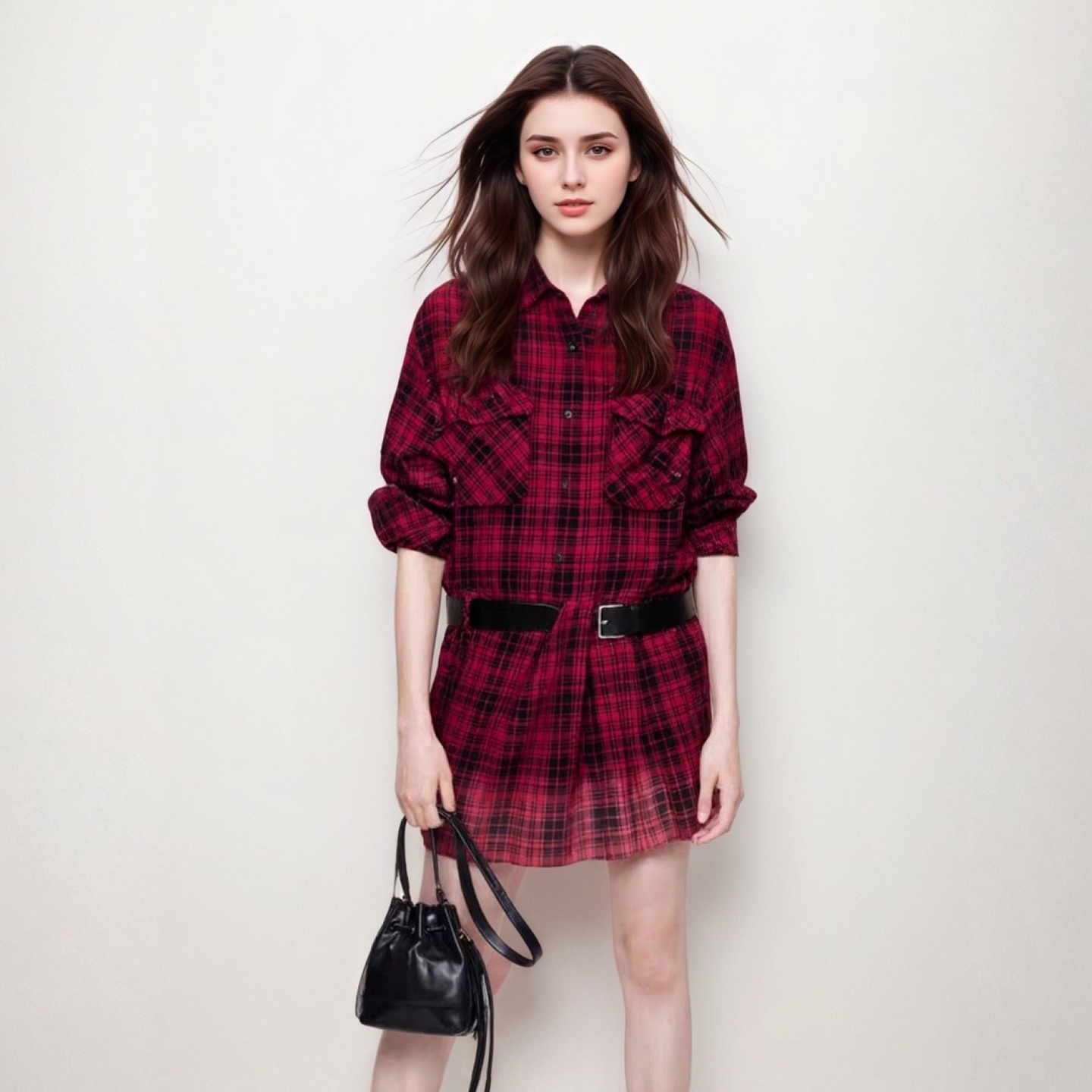 棉质黑红格纹渐变色摇滚风连衣裙