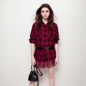 棉质黑红格纹渐变色摇滚风附腰带连衣裙 新品 商场同款 2025秋季