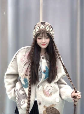 【奢定SHX】2025冬季新宽松重工卡通时尚钉珠刺绣手作毛开衫外套