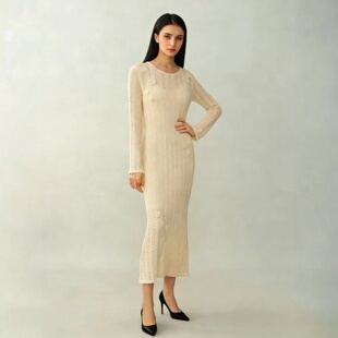 奶油米亚麻手钩花朵镂空法式 2026年春新品 针织连衣裙 奢定SHX