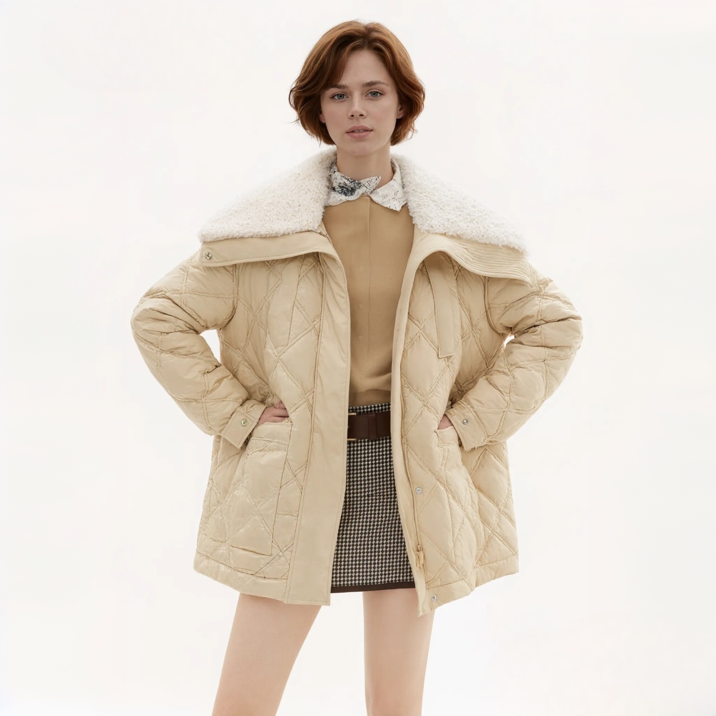 菱格压线中长羽绒服外套女