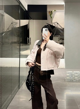 【奢定SHX】2025冬新品90鸭绒混搭风PU皮羊毛领假两件粉色羽绒服